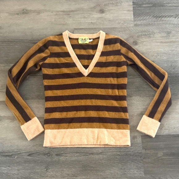 Juicy Couture - 100% Cashmere V-Neck Sweater - Brown and Tan Stripes - Picture 1 of 14